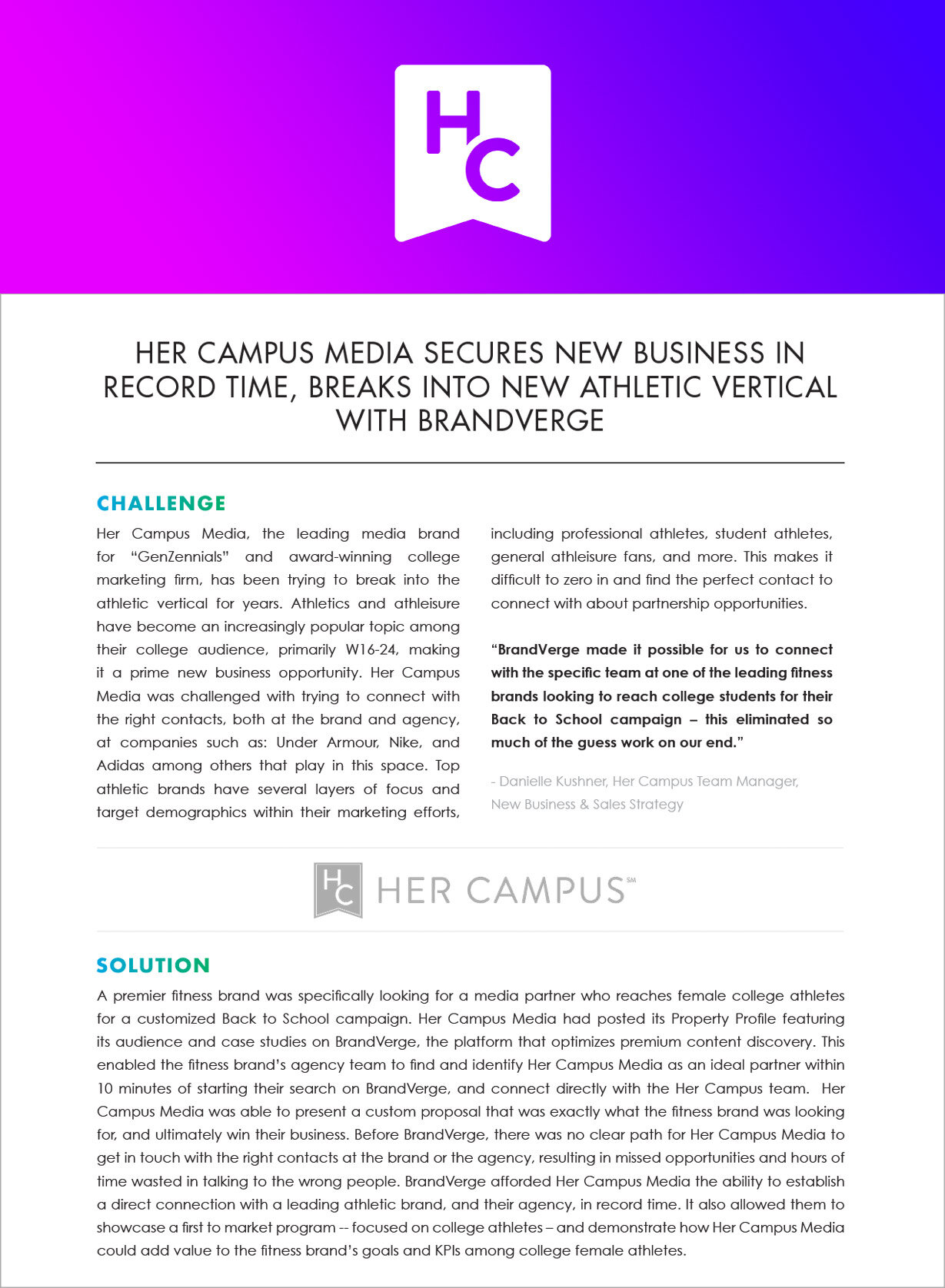 HER CAMPUS MEDIA SECURES NEW BUSINESS IN RECORD TIME, BREAKS INTO NEW ATHLETIC VERTICAL WITH BRANDVERGE